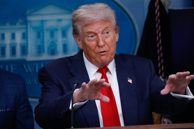 Trump attends a news conference in the James S. Brady Press Briefing Room of the White House in Washington, DC, US, on Monday, August 11, 2025.