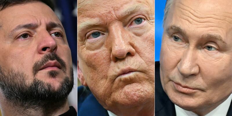 (COMBO) This combination of pictures created on May 25, 2025 shows Ukraine's President Volodymyr Zelensky (L) on September 26, 2024 in Washington, DC, US President Donald Trump (C) in Washington, DC, on April 7, 2025 and Russia's President Vladimir Putin (R) in Kazan on October 24, 2024. (Photo by AFP) (Photo by DREW ANGERER,SAUL LOEB,ALEXANDER NEMENOV/AFP via Getty Images)