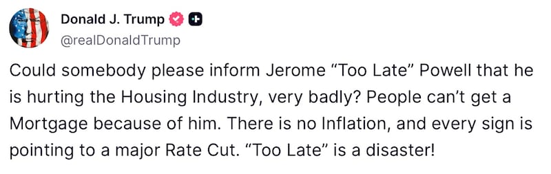 Donald Trump slams Jerome Powell on Truth Social.