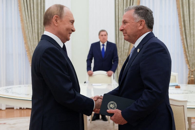 Russian President Vladimir Putin welcomes U.S. special envoy Steve Witkoff in Moscow, Russia for talks on August 6, 2025.