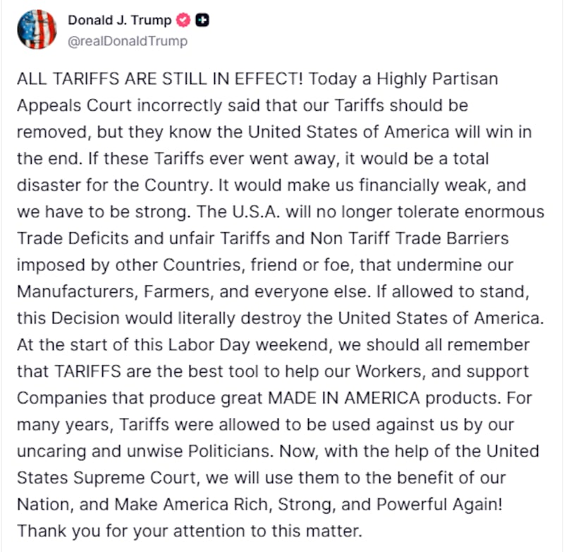 President Donald Trump speaks on the recent U.S. appeals court ruling that most of his tariffs are illegal.
