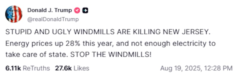 Trump ranted about windmills in a post on Truth Social.