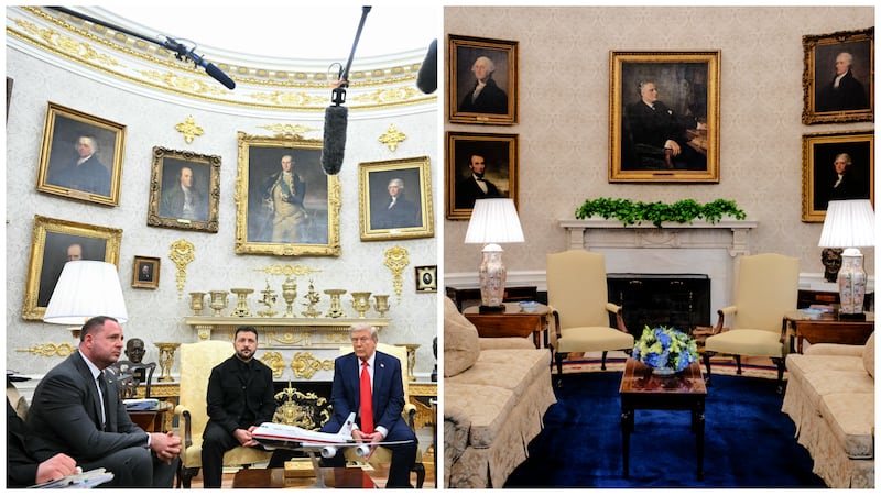 President Donald Trump’s decor has made the Oval Office hardly recognizable from how it appeared during the Biden administration (right).