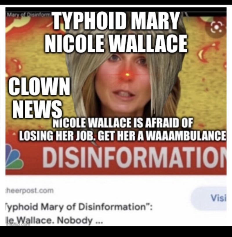 An altered image of Nicolle Wallace with a "Karen" haircut and a red nose alongside the text, "Typhoid Mary Nucole Wallace," "Clown News," and "Nicole Wallace is afraid of losing her job. Get her a wambulance."
