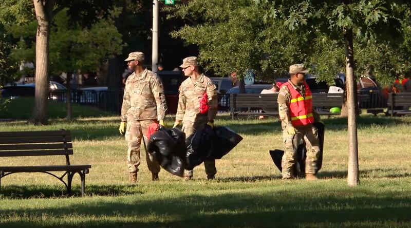 Troops in Lafeyette Park, across from the White House, collecting trash—the Guard members have been put to work on over 40 “beautification” projects around the city.