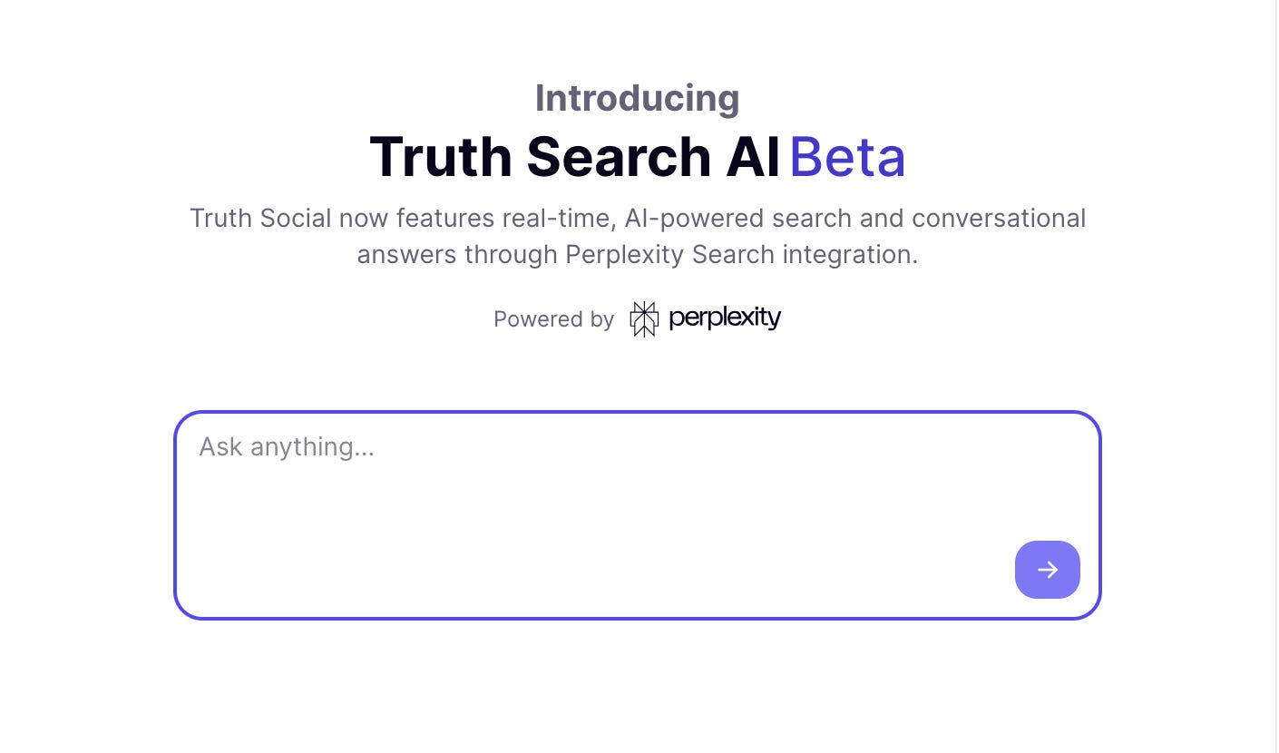 Screenshot of Truth Socials AI Beta testing with Perplexity
