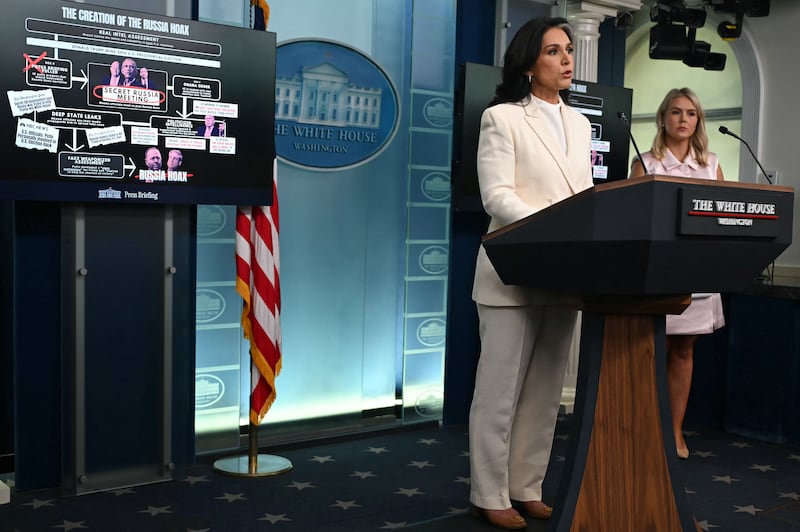 Director of National Intelligence Tulsi Gabbard speaks during a press briefing at the White House on July 23, 2025 where she alleged Obama administration officials manipulated information on Russia's interference in the 2016 election and accused them of