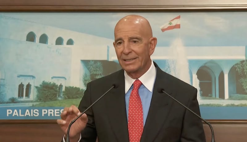 U.S envoy Tom Barrack during a press conference in Lebanon.