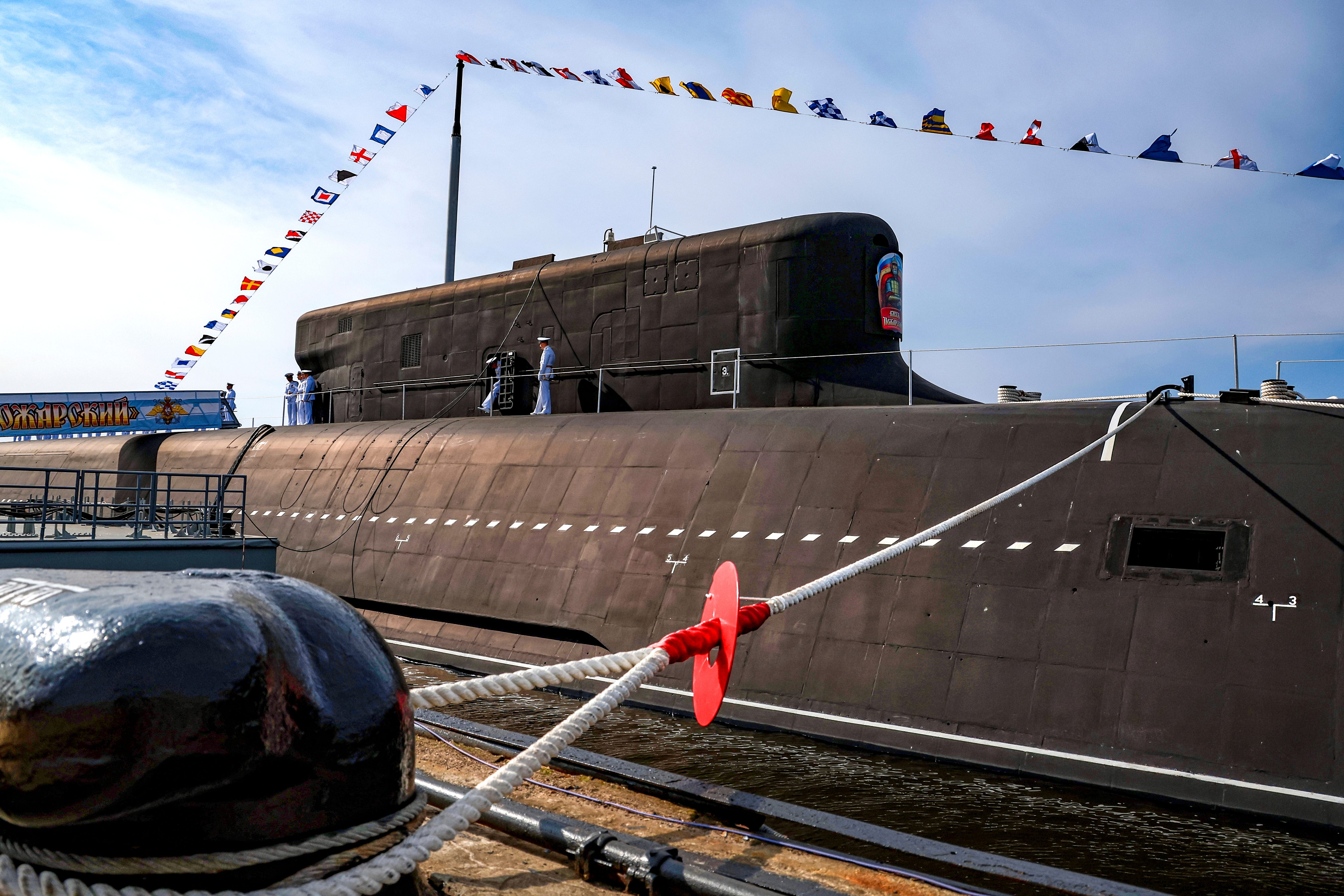 The Knyaz Pozharsky nuclear-powered Borei-A class submarine is moored at the pier prior to a flag raising ceremony with the participation of Russian President Vladimir Putin in Severodvinsk, Russia, Thursday, July 24, 2025.