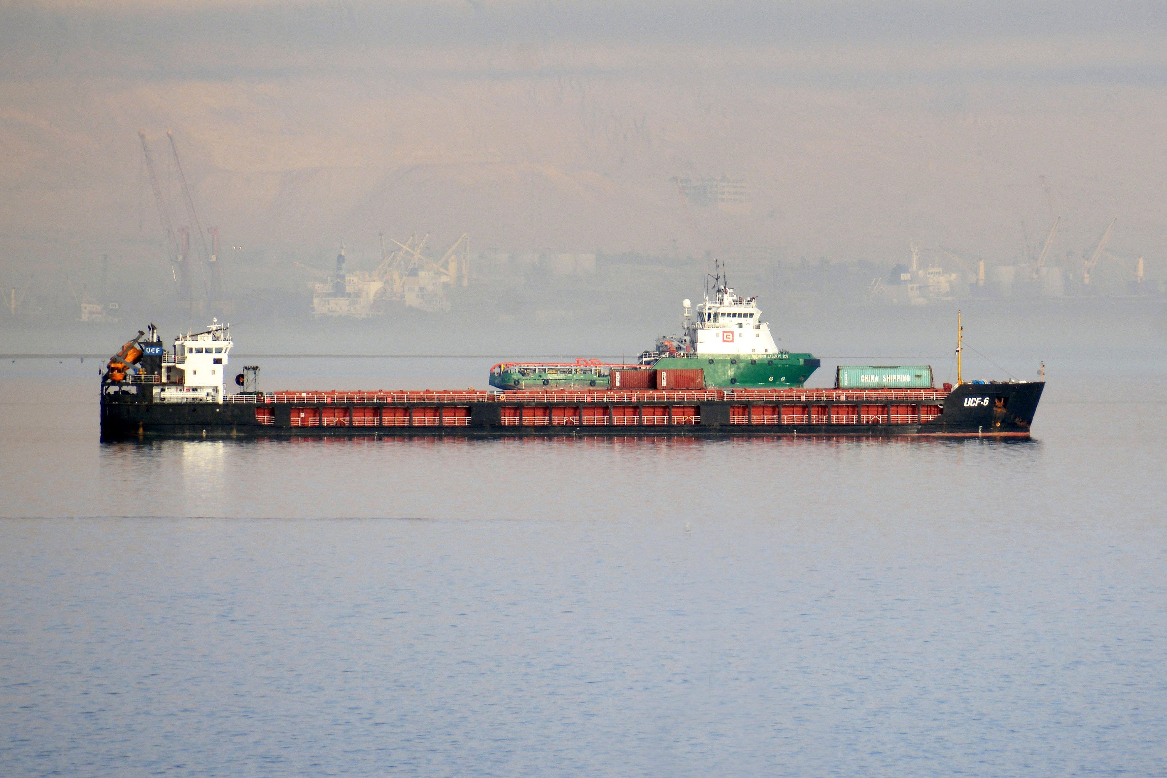 The Port Olya 4 passes through the Suez Canal in Egypt.