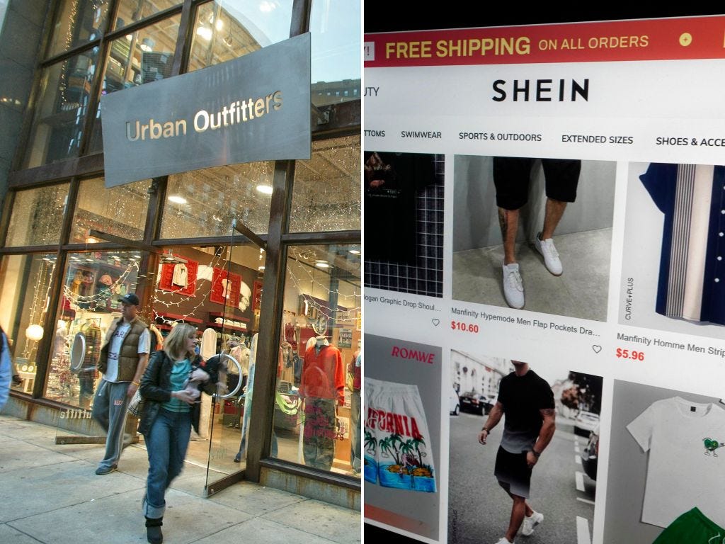 (composite image) An Urban Outfitters store and Shein's website.
