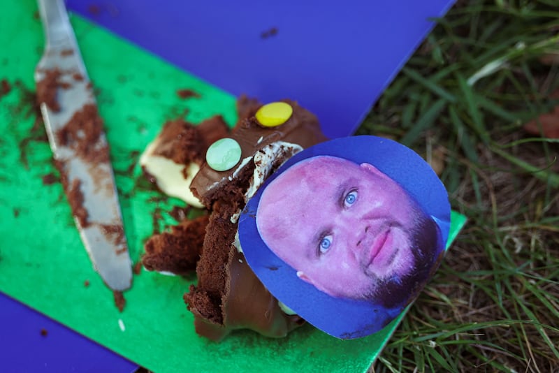 An image depicting U.S. Vice President Vance is displayed during the "Vance not welcome party" protest, organised by Everybody Hates Elon and Stop Trump Coalition, as U.S. Vice President JD Vance spends his holiday nearby, in Charlbury, Cotswolds, Britain, August 12, 2025. REUTERS/Toby Melville