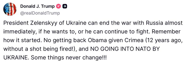 President Trump addresses Zelensky on Truth Social.