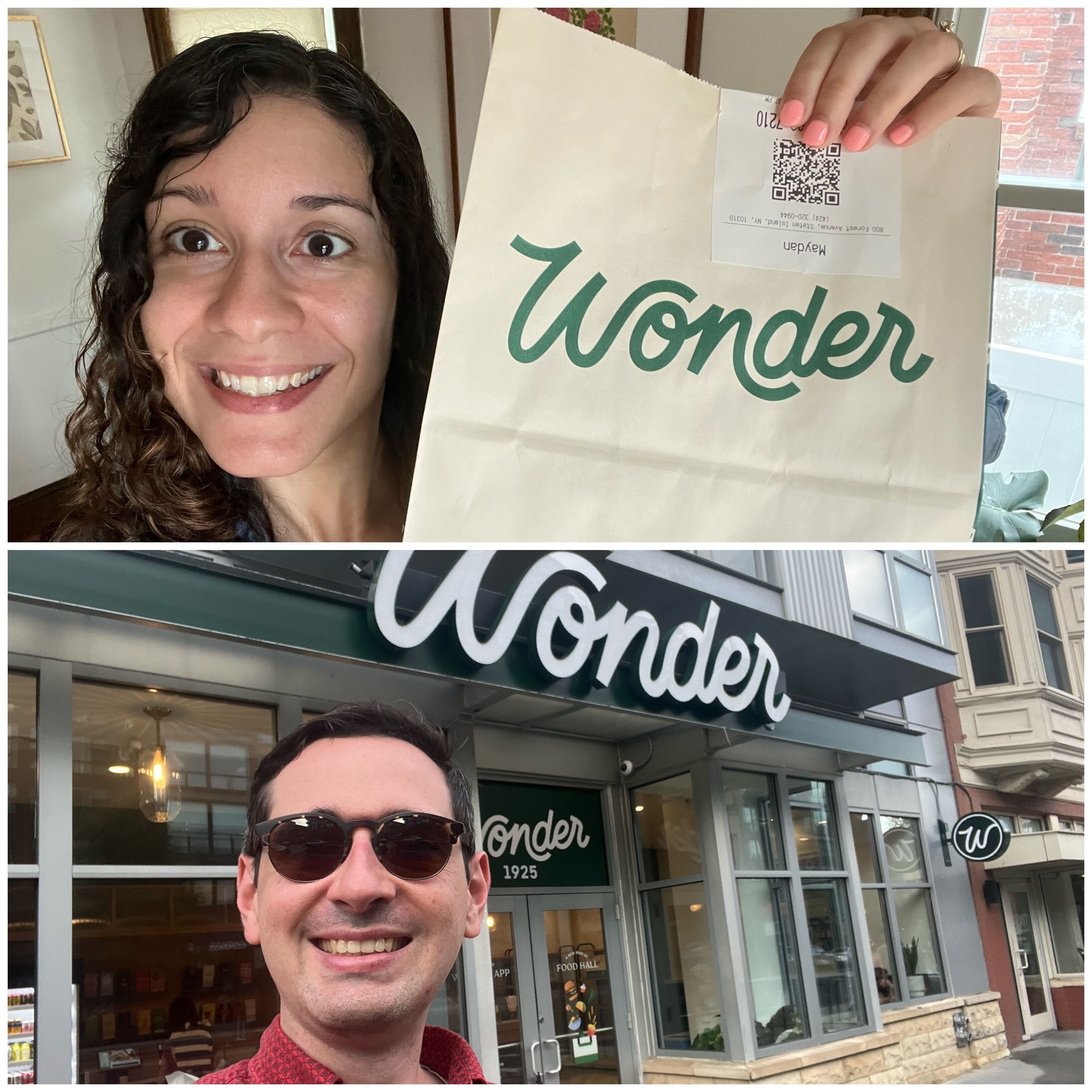 A side-by-side image of a woman with a Wonder takeout bag and a man in front of a restaurant.