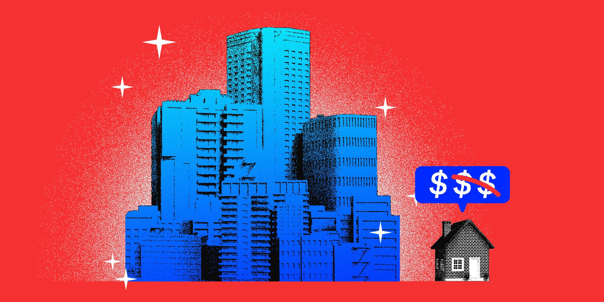 A large city next to a smaller house that has a price tag attached to it with dollar signs crossed out