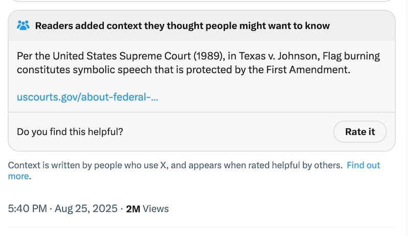X users flagged official government posts about Trump's Monday executive order as misleading and contextualized them with information on the existing protections around flag burning and desecration.