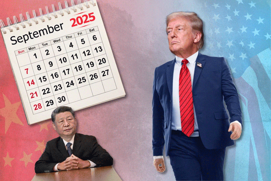 Illustration of Donald Trump and Xi Jinping with a September 2025 calendar.