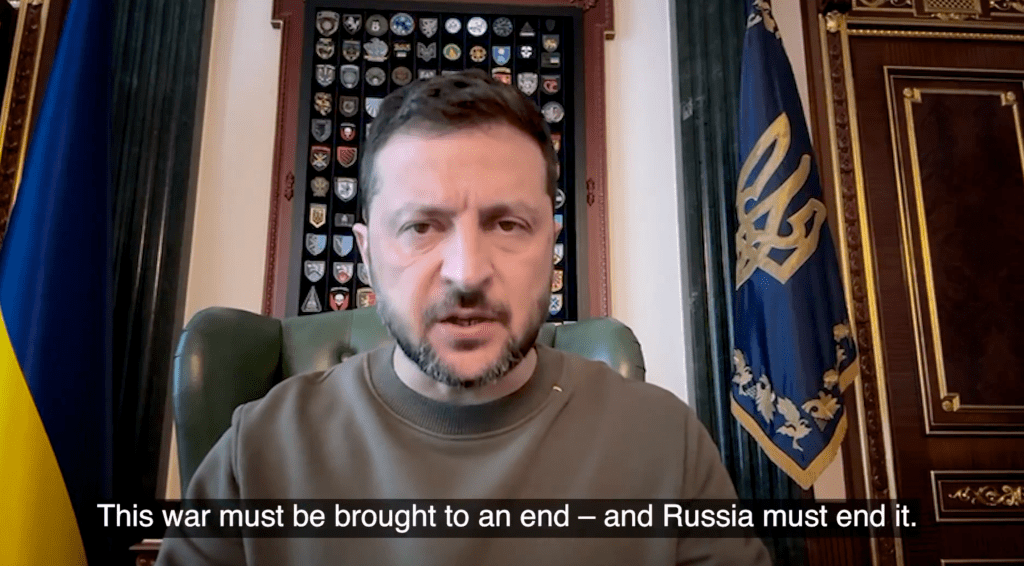 Ukrainian President Volodymyr Zelensky delivers a speech to his citizens on Aug. 9, 2025.