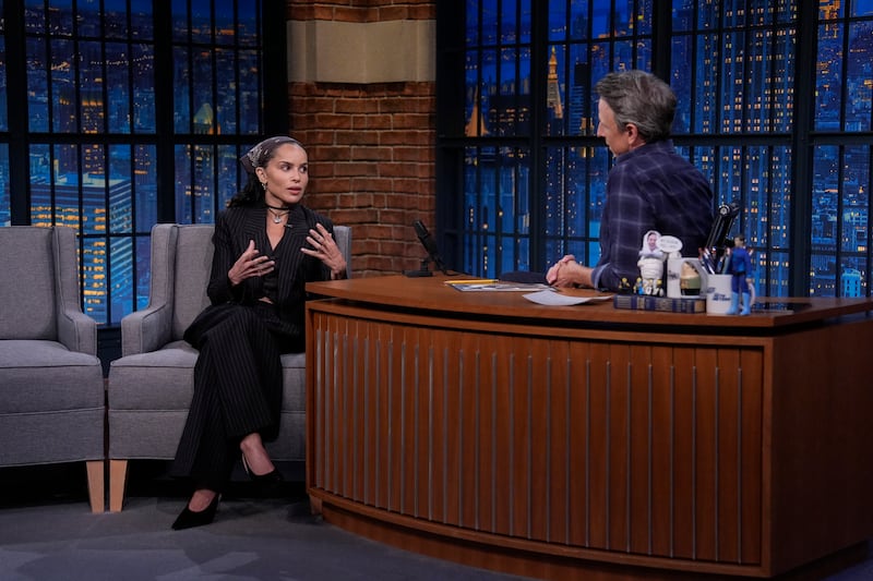 LATE NIGHT WITH SETH MEYERS -- Episode 1689 -- Pictured: (l-r) Actress Zoë Kravitz during an interview with host Seth Meyers on August 12, 2025 -- (Photo by: Lloyd Bishop/NBC via Getty Images)