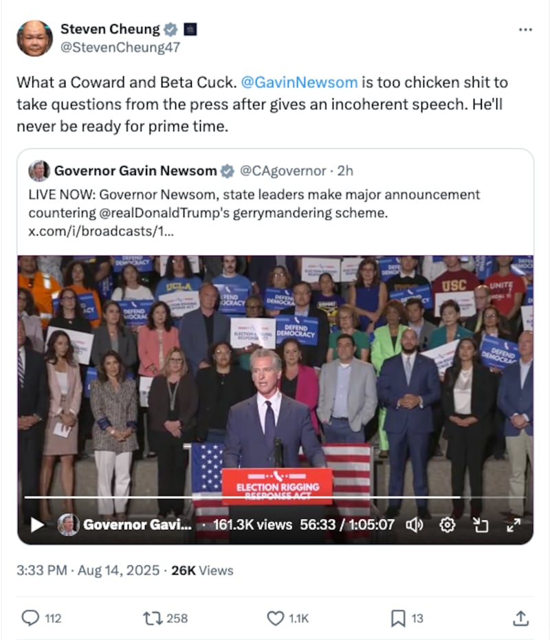 Cheung's profane jab at Newsom didn't hold up, as the governor took multiple questions from reporters.