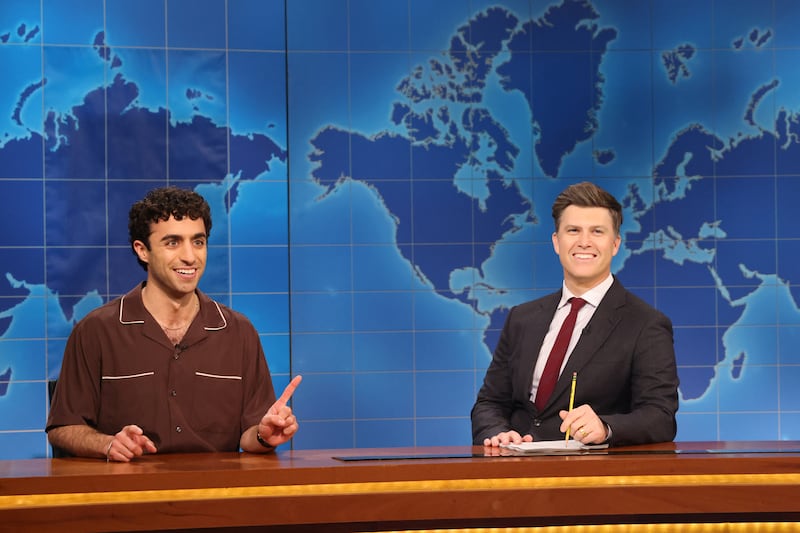 Emil Wakim and anchor Colin Jost during Weekend Update on Saturday, April 12, 2025.