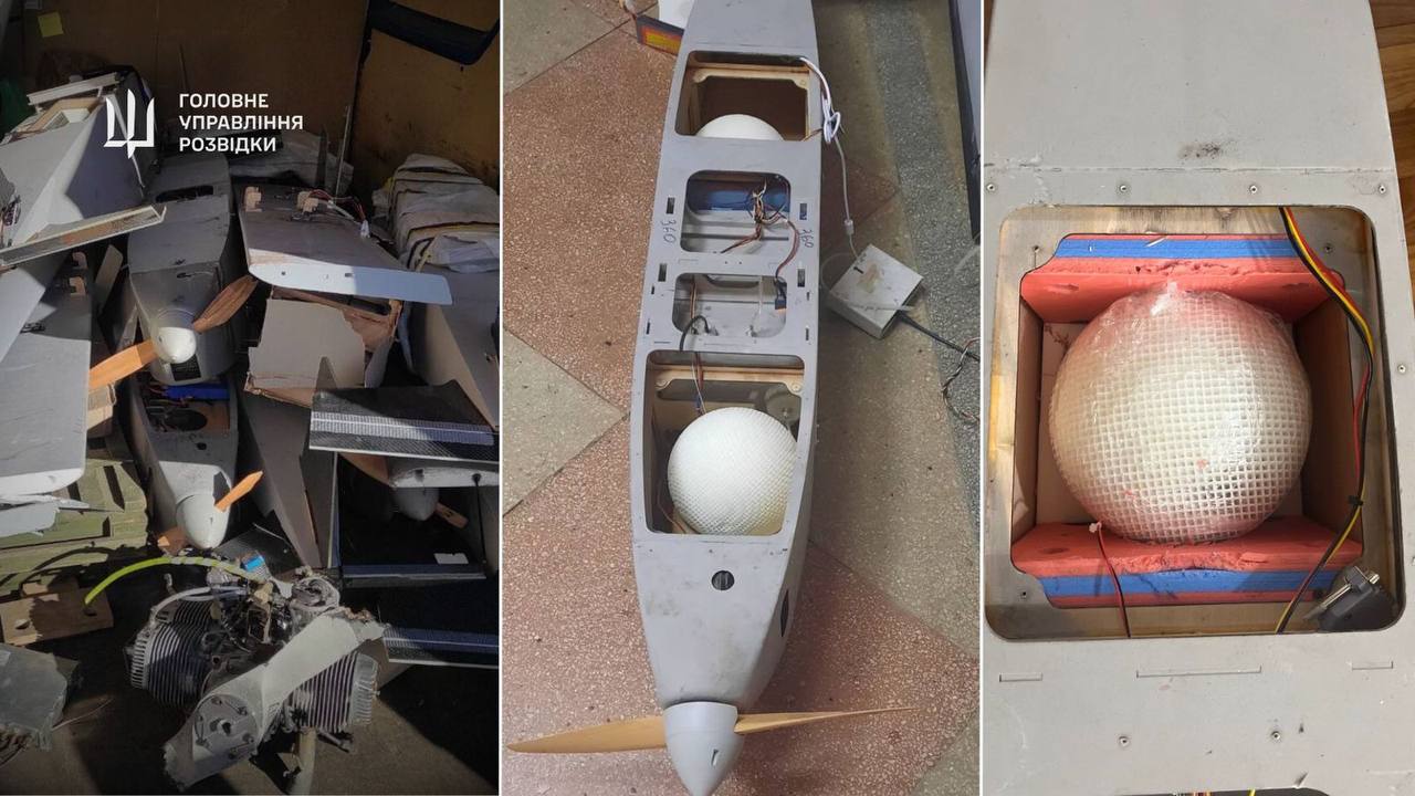 A composite of three photos. One is a pile of decoy-drone parts, one is a decoy drone that has been parts taken off to view the inside, and one is a close-up of a spherical component of the drone.