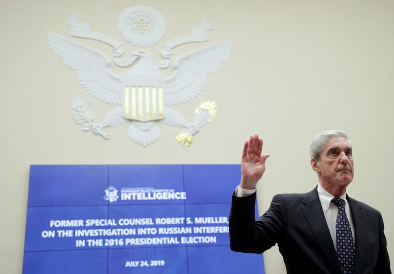Former Special Counsel Robert Mueller is sworn in before the House Intelligence Committee about his report on Russian interference in the 2016 presidential election in the Rayburn House Office Building July 24, 2019 in Washington, DC. Mueller testified earlier in the day before the House Judiciary Committee in back-to-back hearings on Capitol Hill. (Photo by Alex Wong/Getty Images)