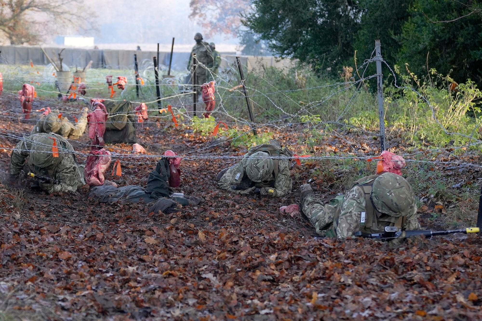 Soliders in combat gear and firearms crawl on their stomachs under wire on top of brown leaves