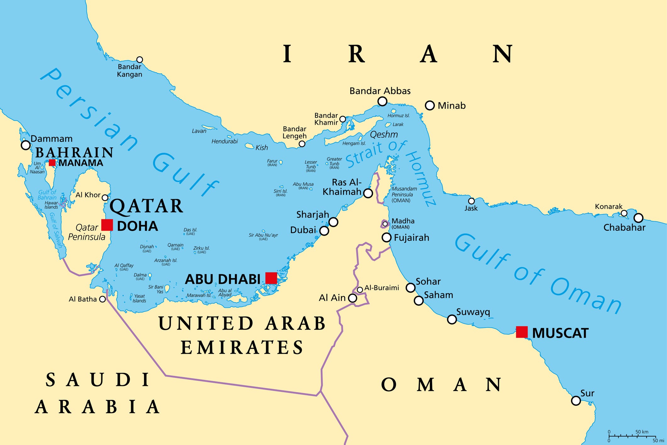 map of region showing Oman, Iran, UAE, Qatar, Saudi Arabia