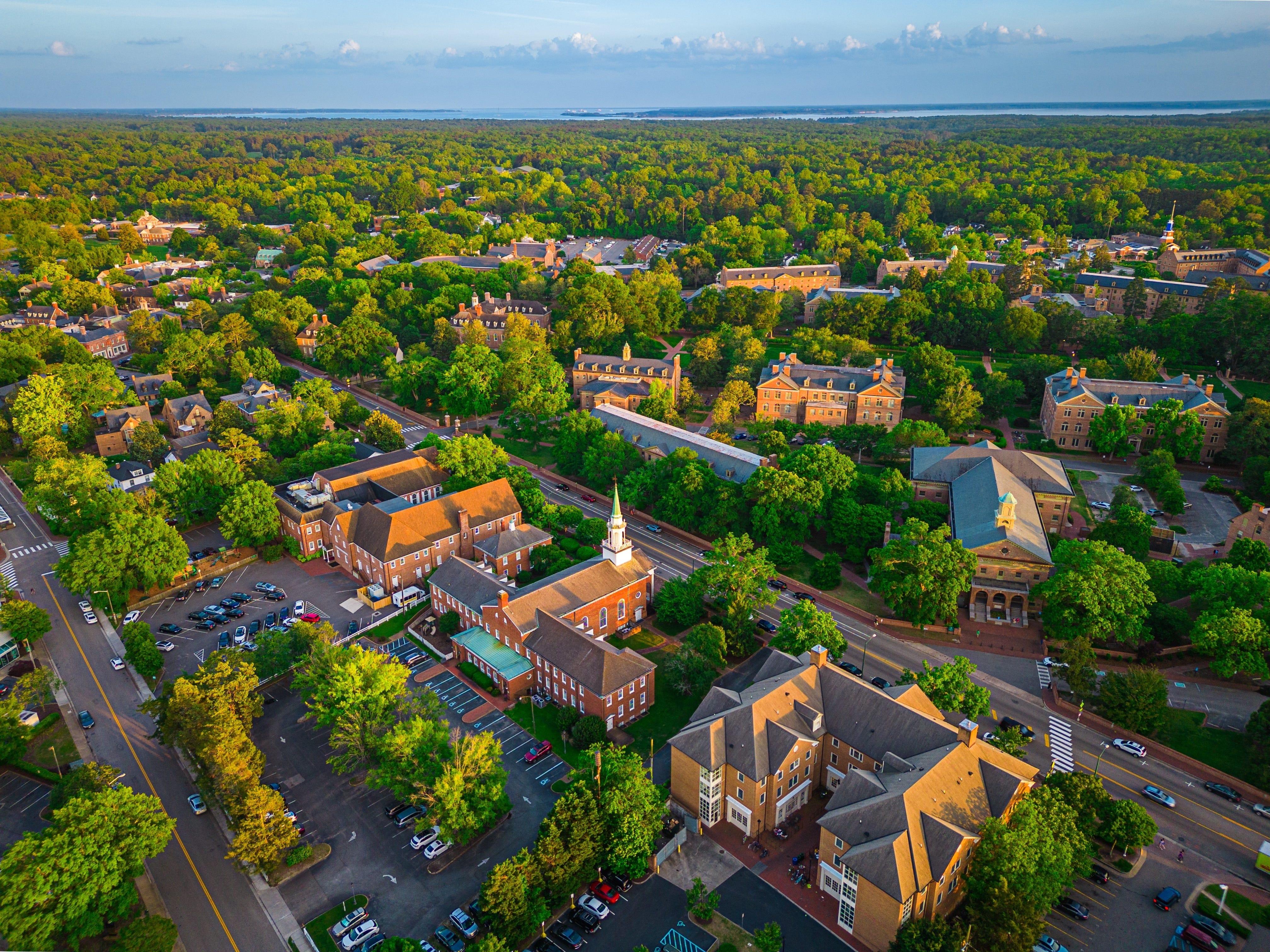 An aerial view of Williamsburg, Virginia.