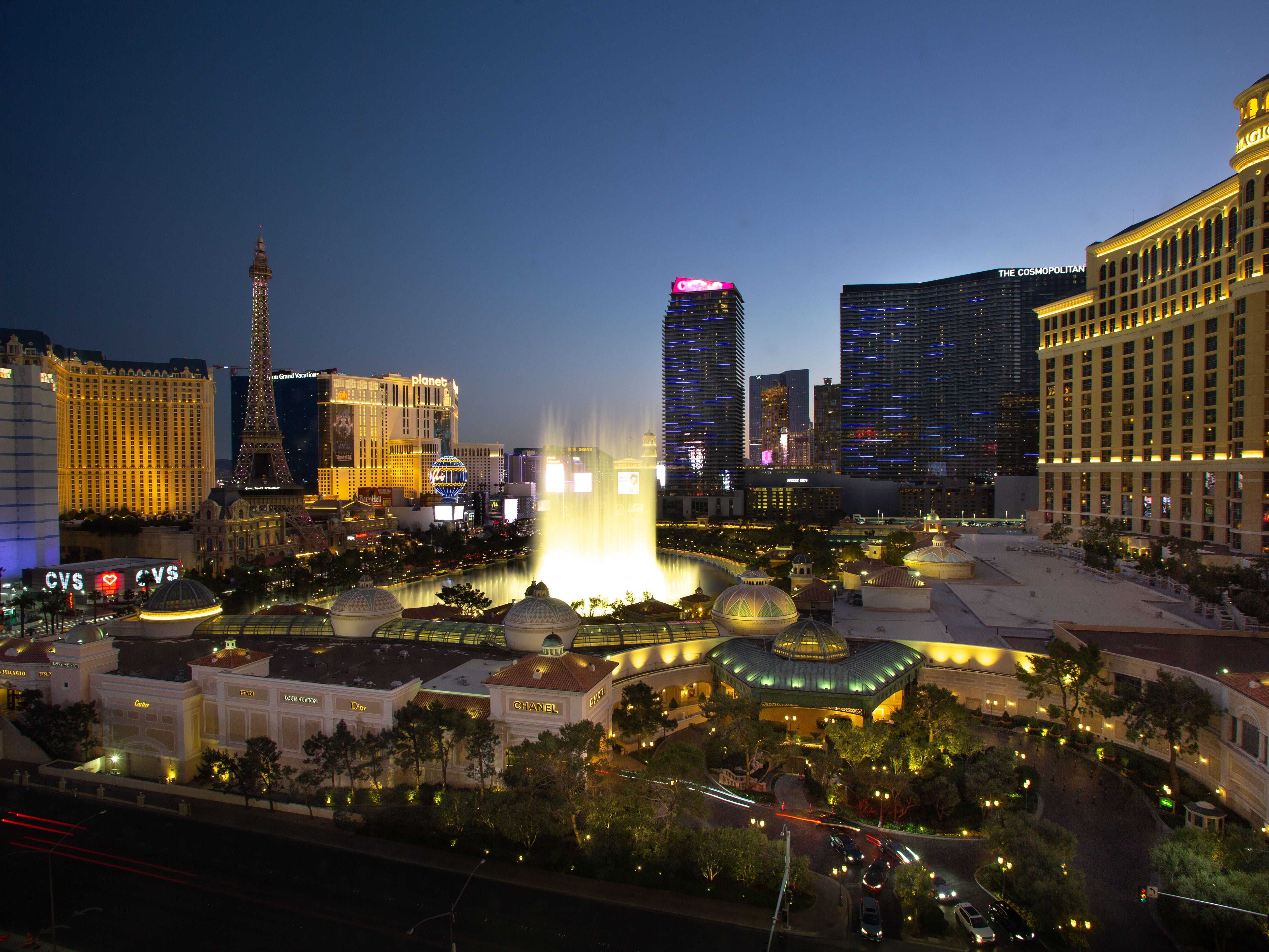 The Las Vegas Strip and Bellagio Water Fountain Show in Las Vegas, Nevada.