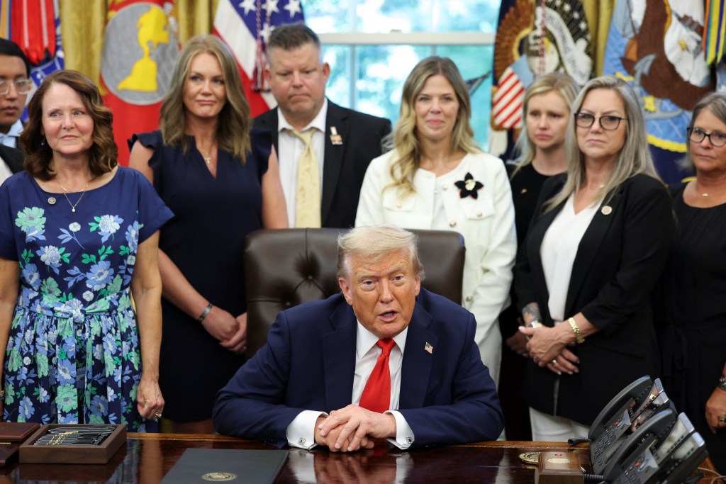 President Trump speaking with relatives of U.S. military members killed in Afghanistan.