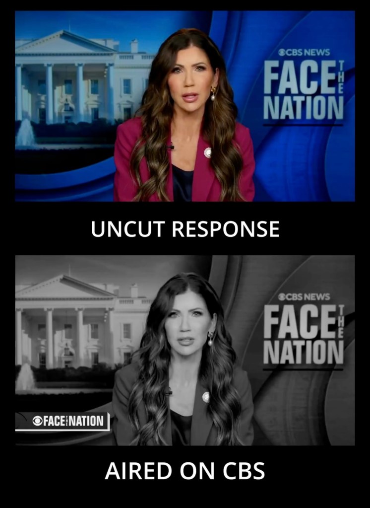 Comparison of Kristi Noem's uncut and CBS-aired interview segments.