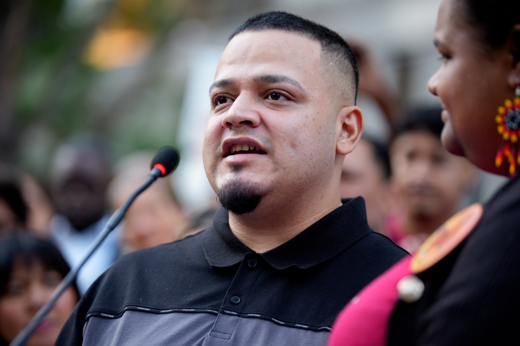 Kilmar Abrego Garcia speaking at a rally.