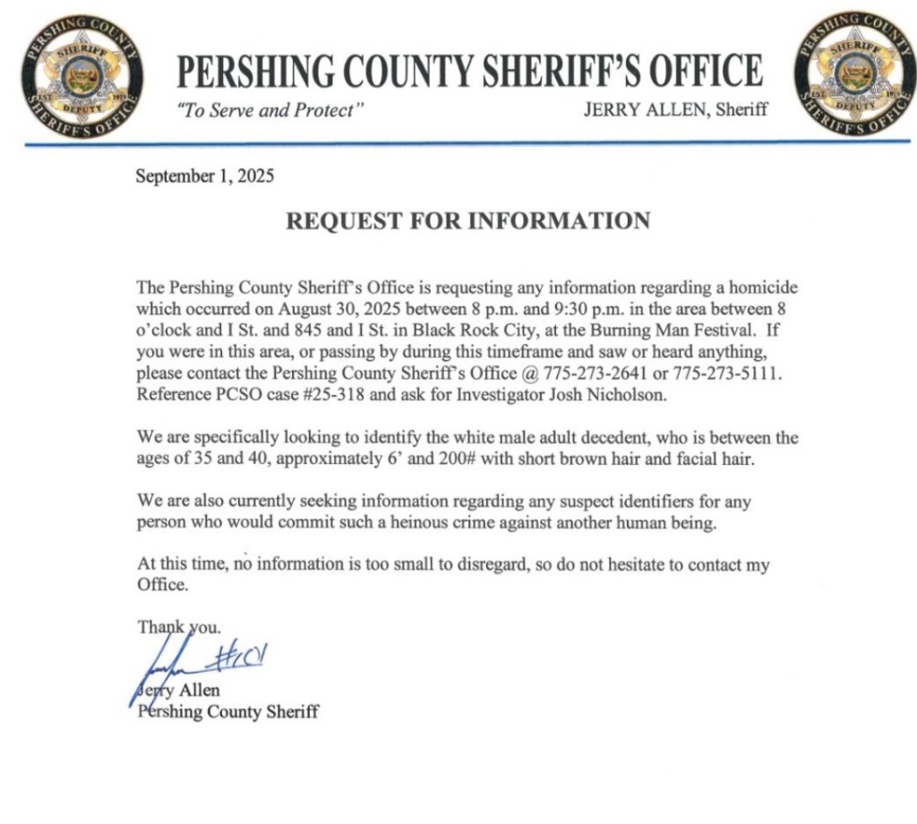 Pershing County Sheriff's Office request for information regarding a homicide at the Burning Man Festival.