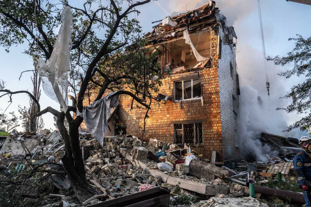Damaged apartment building in Kyiv, Ukraine after an air strike.