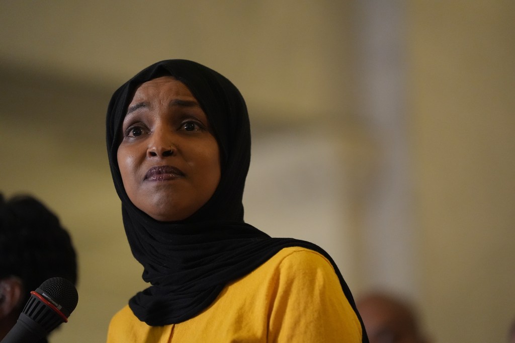 Rep. Ilhan Omar speaking at a news conference.
