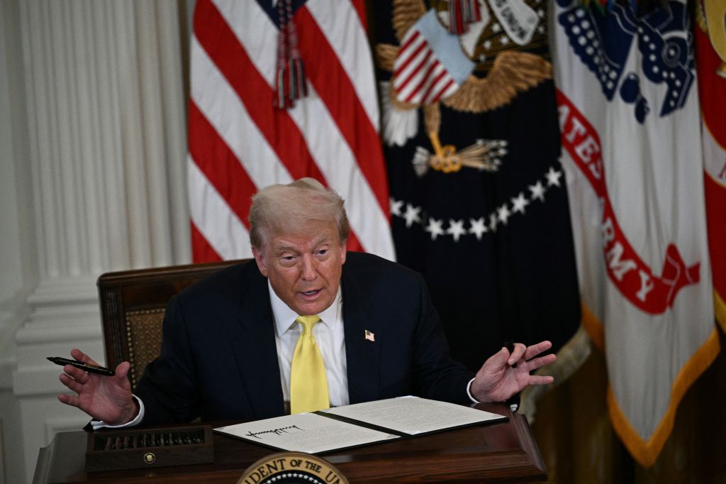 President Donald Trump says he signed a proclamation affirming National Purple Heart Day without an autopen after delivering remarks at an event on National Purple Heart Day in the East Room of the White House in Washington, DC on August 7, 2025.