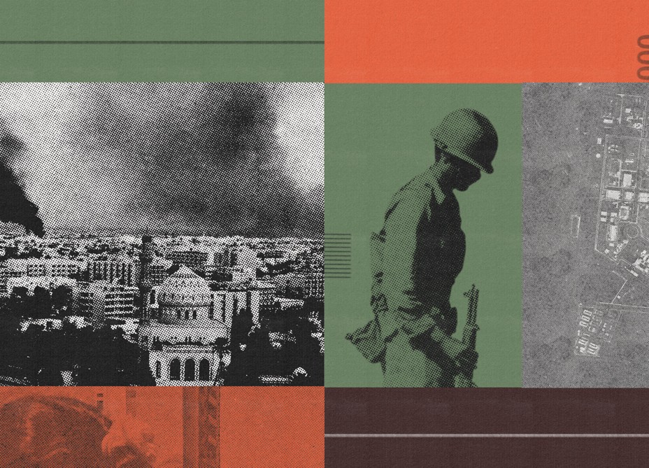 collage of photos of smoke-covered city with mosque, uniformed soldier holding rifle, aerial map, with red, green, and black bars