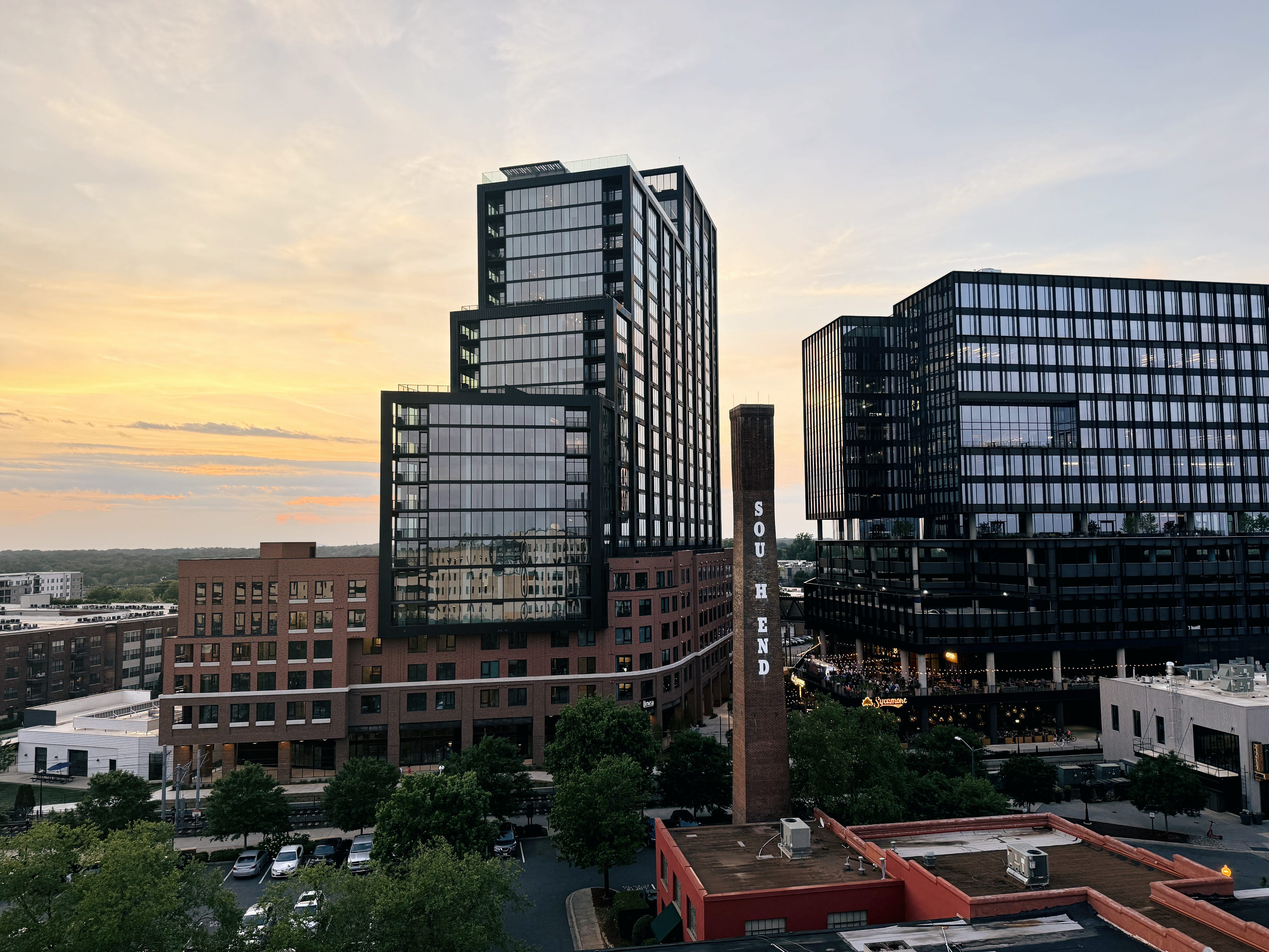 Sunset over buildings in South End