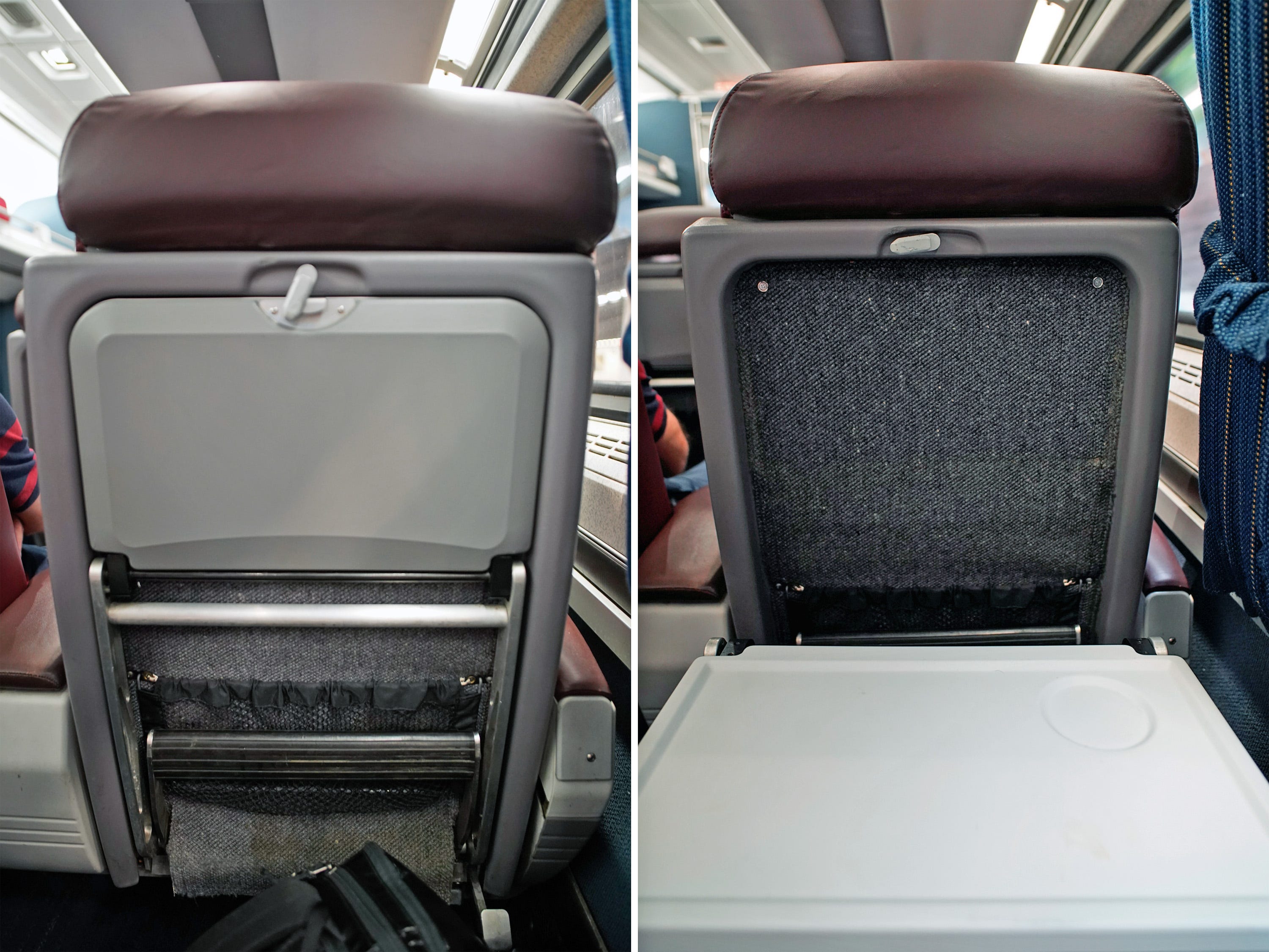 Seat back in business class on the Amtrak train