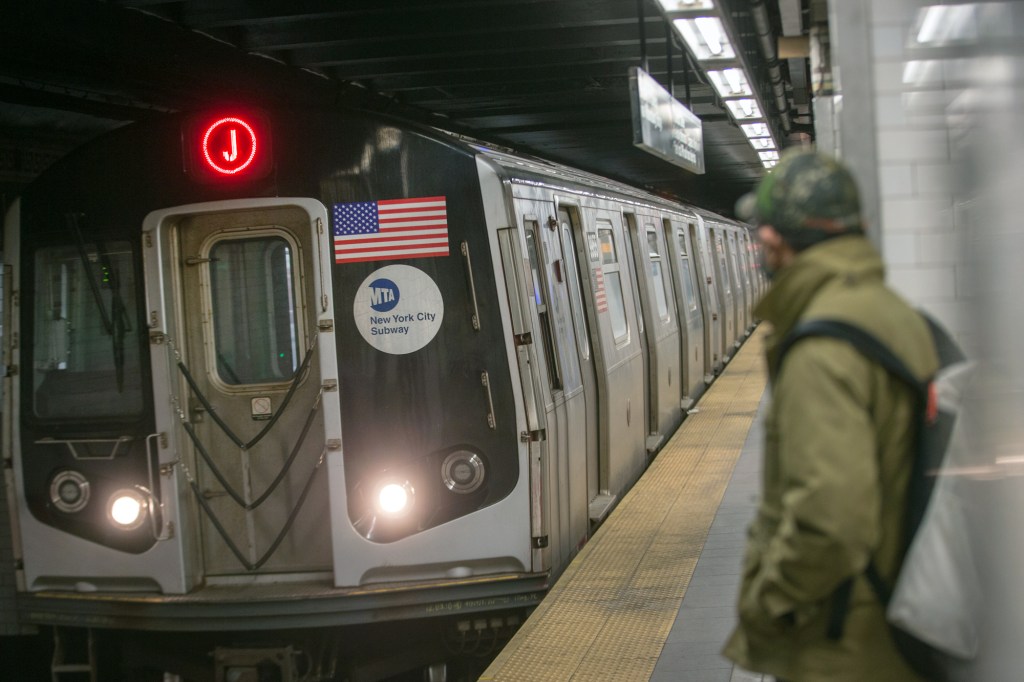 A J train at a New York City subway station.