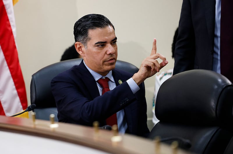 U.S. Rep. Robert Garcia (D-CA) gestures as the House Committee on Oversight and Government Reform Subcommittee on Federal Law Enforcement meets in the Rayburn House Office Building on July 23, 2025 in Washington, DC. Members of the subcommittee passed a motion to subpoena the so-called "Epstein files" following a hearing titled, “Catch and Release, Lose and Forget: Addressing the Crisis of Unaccompanied Alien Children”. (Photo by Kevin Dietsch/Getty Images)