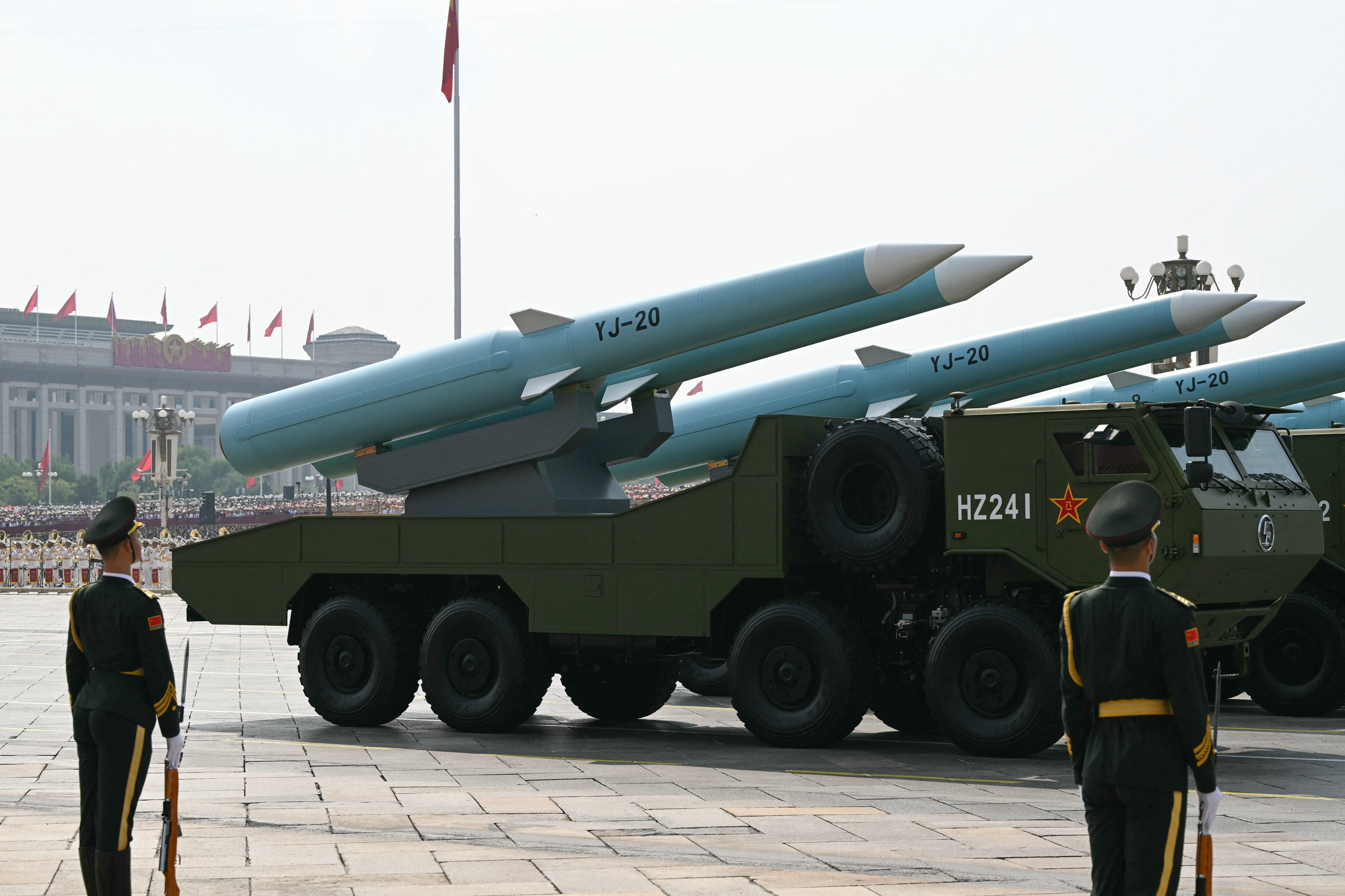 YJ-20 hypersonic missiles are seen during a military parade.