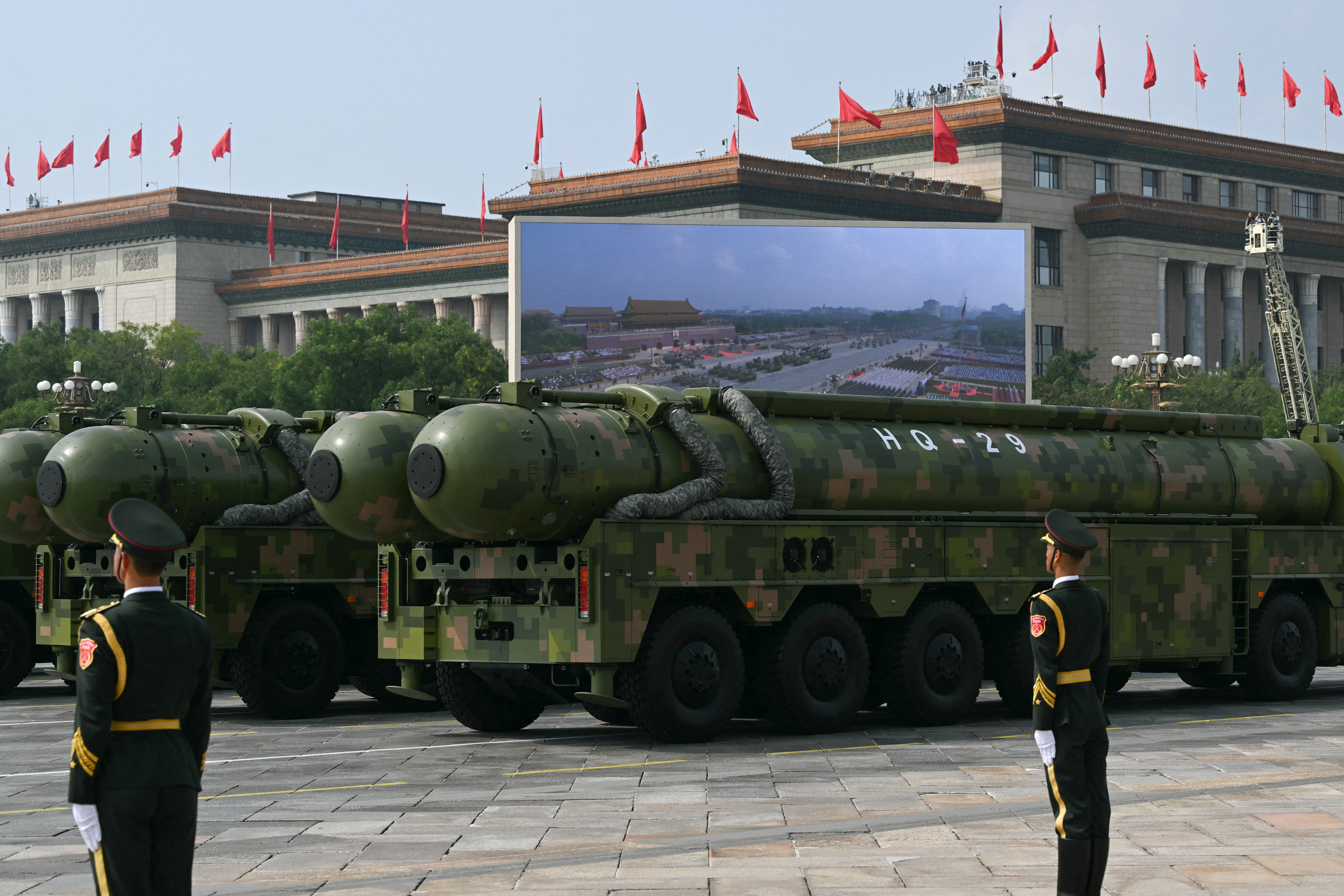 HQ-29 anti-ballistic missiles are seen during a military parade.