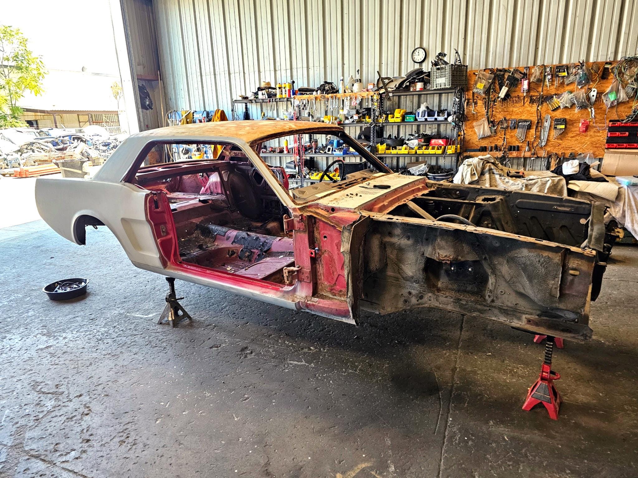 The shell of a 1966 Mustang