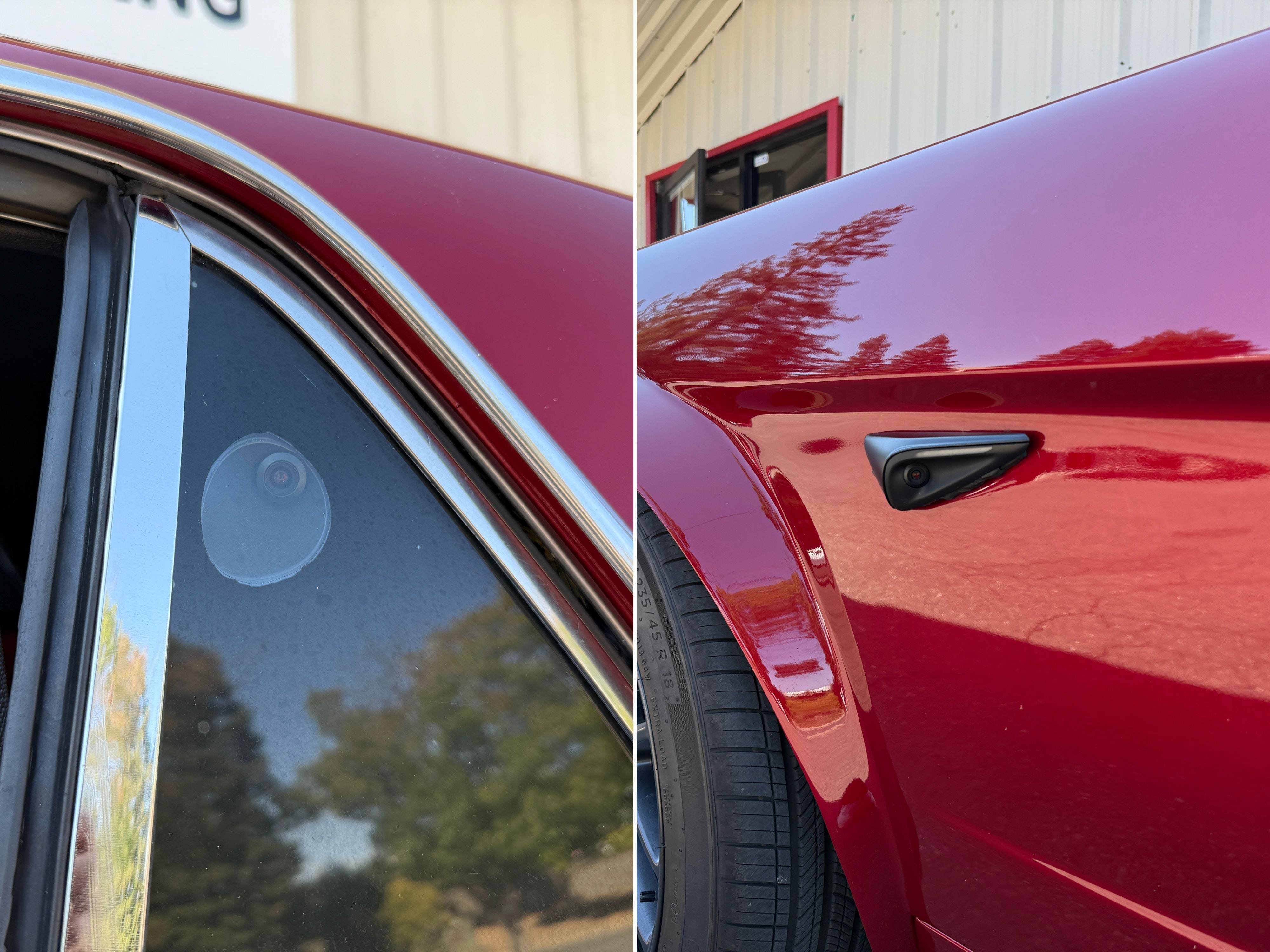 Side-by-side image of cameras attached to a 1966 Mustang