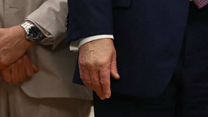 A close-up of US President Donald Trump's hands during an event in the Oval Office of the White House in Washington, DC on September 2, 2025.