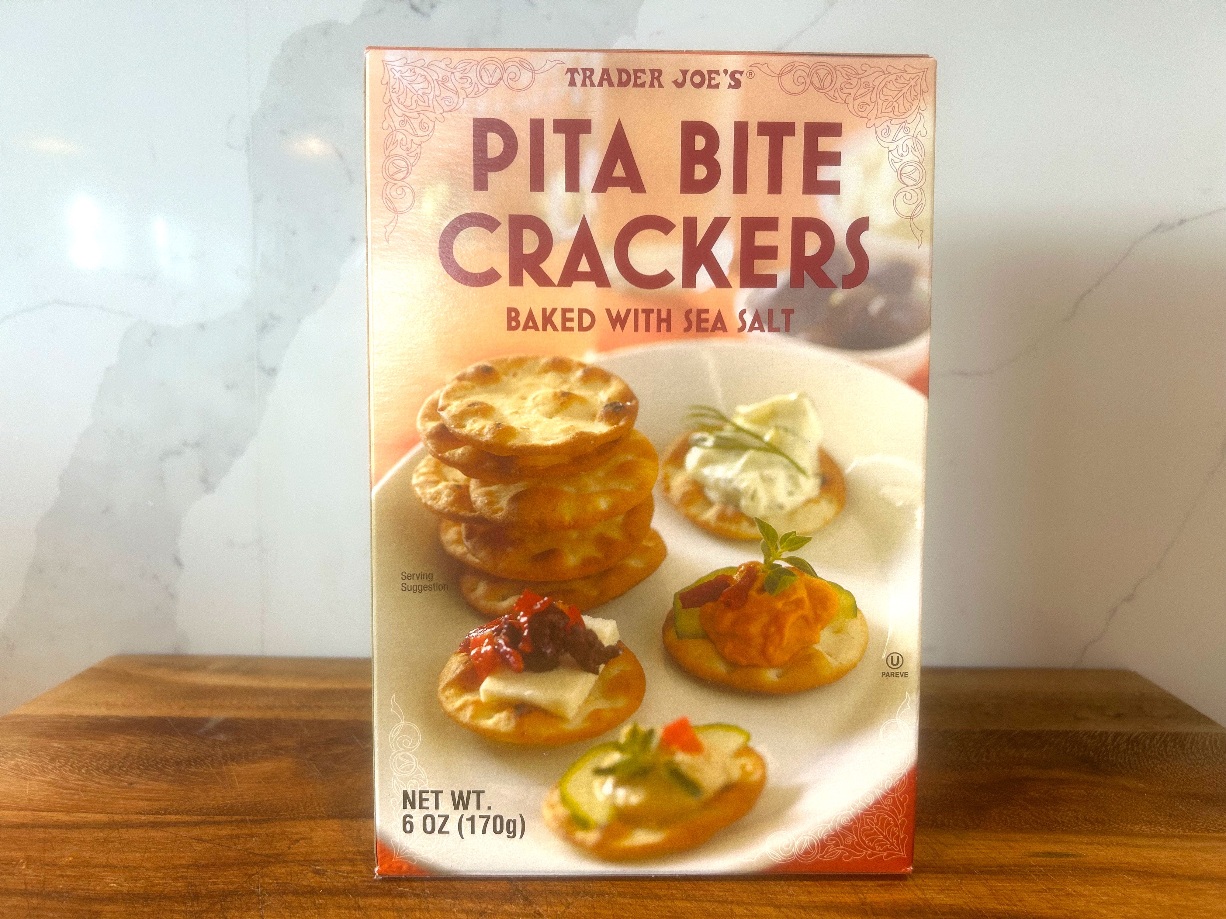 A box of Trader Joe's pita bite crackers.