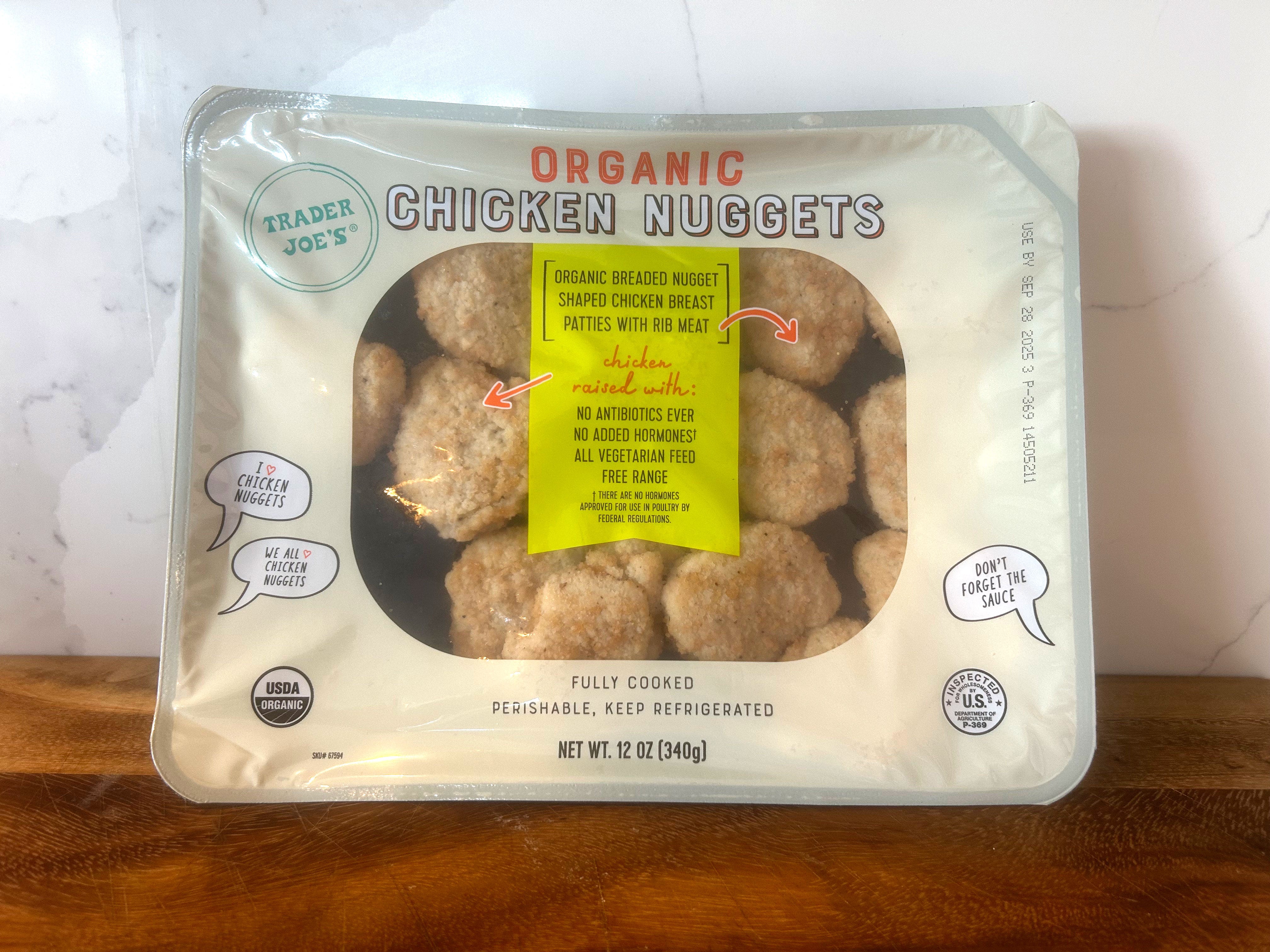A package of Trader Joe's organic chicken nuggets.